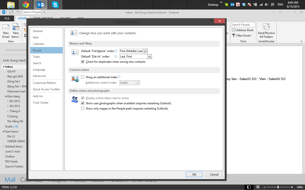Help lỗi không hiễn thị trạng thái online của outlook 2013 (display