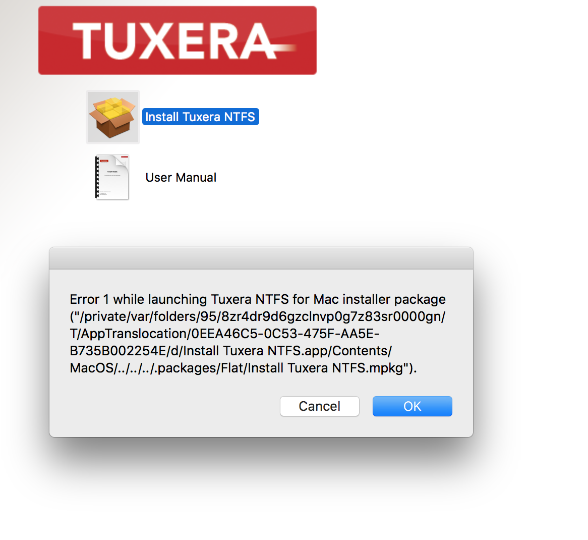 error 1 while launching tuxera ntfs for mac installer package error 1 while launching tuxera ntfs for mac installer package