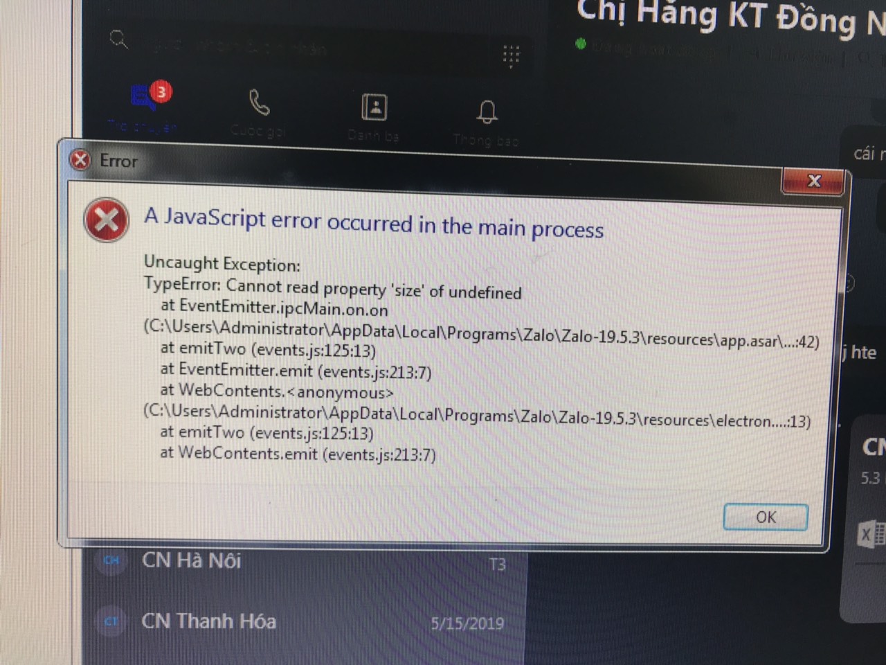 Lỗi Javascript trên zalo,