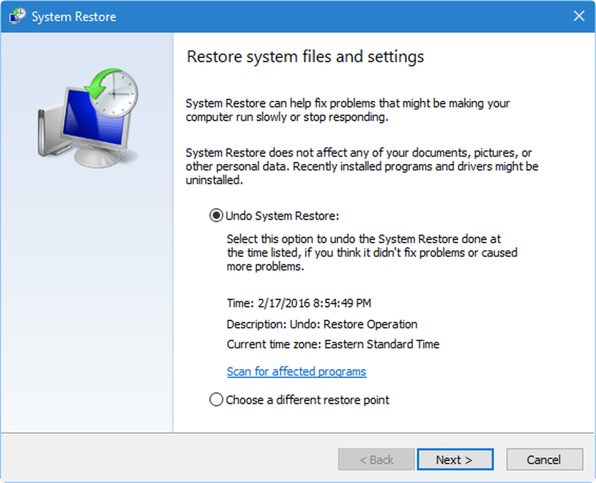 Backup settings bằng restore point