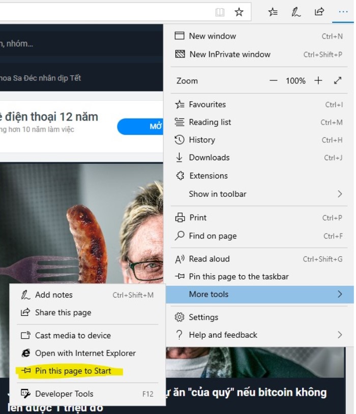 Pin website vào start menu