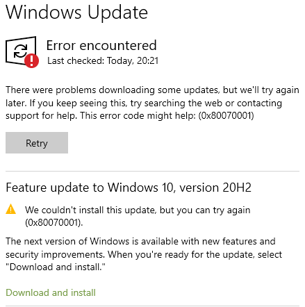 Lỗi Windows Update 0x80070001