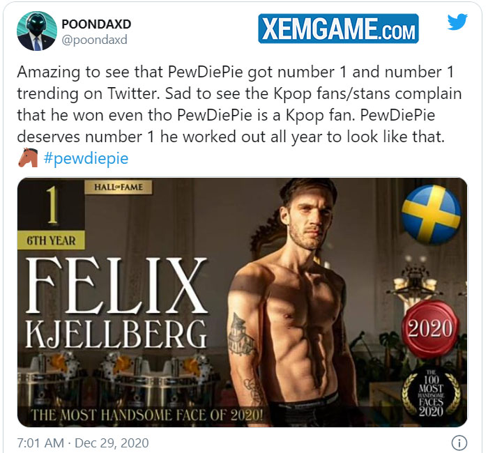 Vượt mặt sao Hollywood hay David Beckham, PewDiePie được bầu là gương mặt đẹp nhất 2020